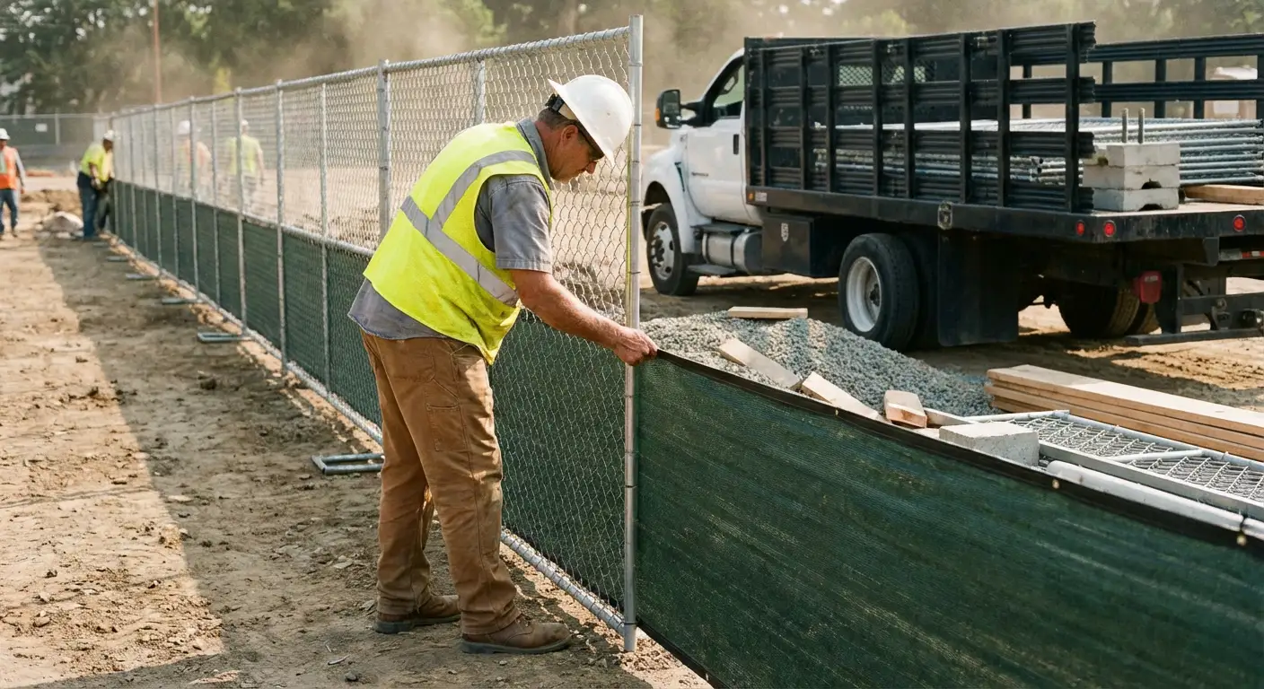 Privacy windscreen installation on construction fence in Beaumont, CA